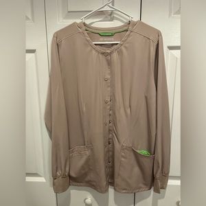 Women’s Healing Hands khaki scrub jacket, size large
